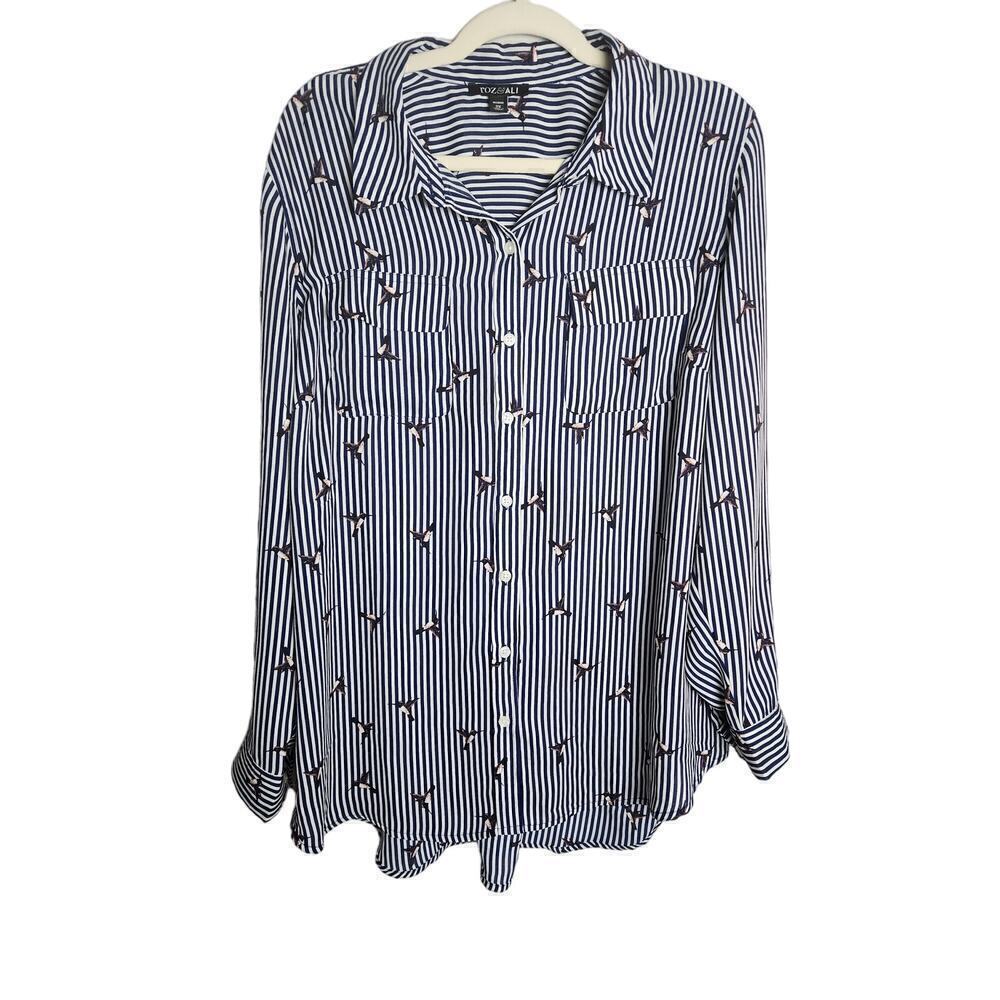 Roz& and Ali all over navy Striped hummingbird novelty print blouse sz 2X career